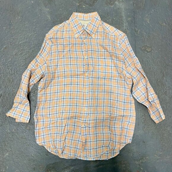 BRUNELLO CUCINELLI Orange Blue Linen Plaid Button Down Shirt - Picture 1 of 6